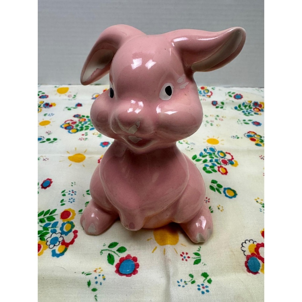 Vintage Pink Ceramic Bunny Rabbit Cotton Ball Dispenser Manicure Easter Kitsch